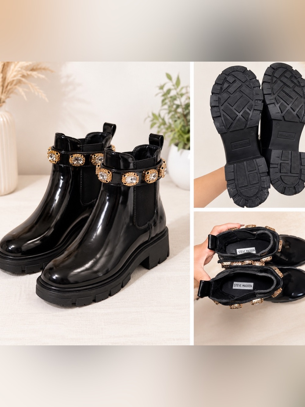 Steve Madden Black Patent Chelsea Booties with Gold Gem Embellishment